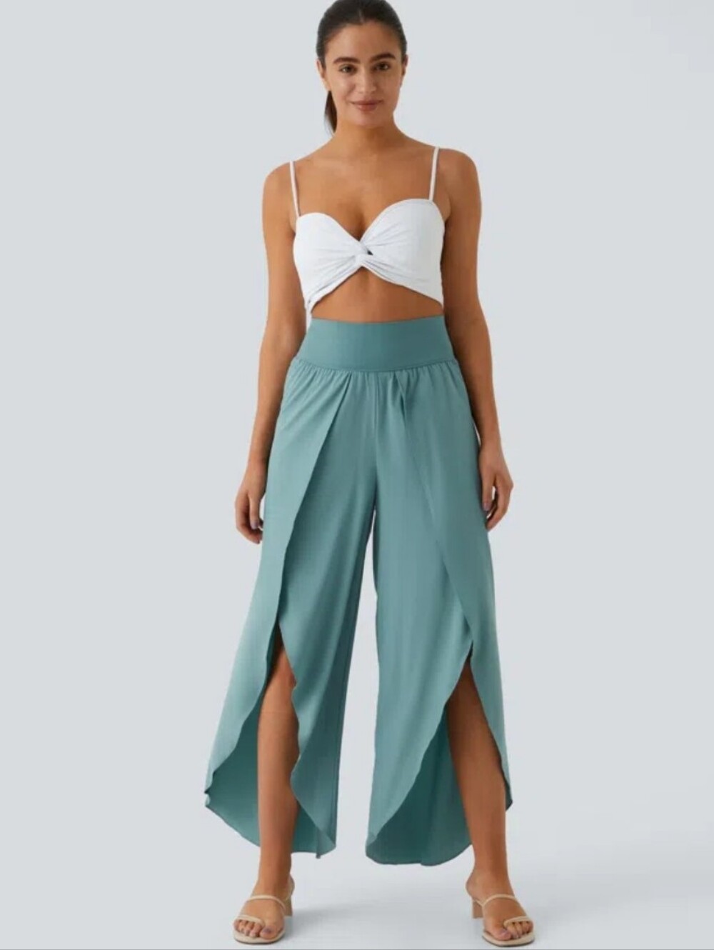 Flowy Split-Leg Pants in Stone Blue